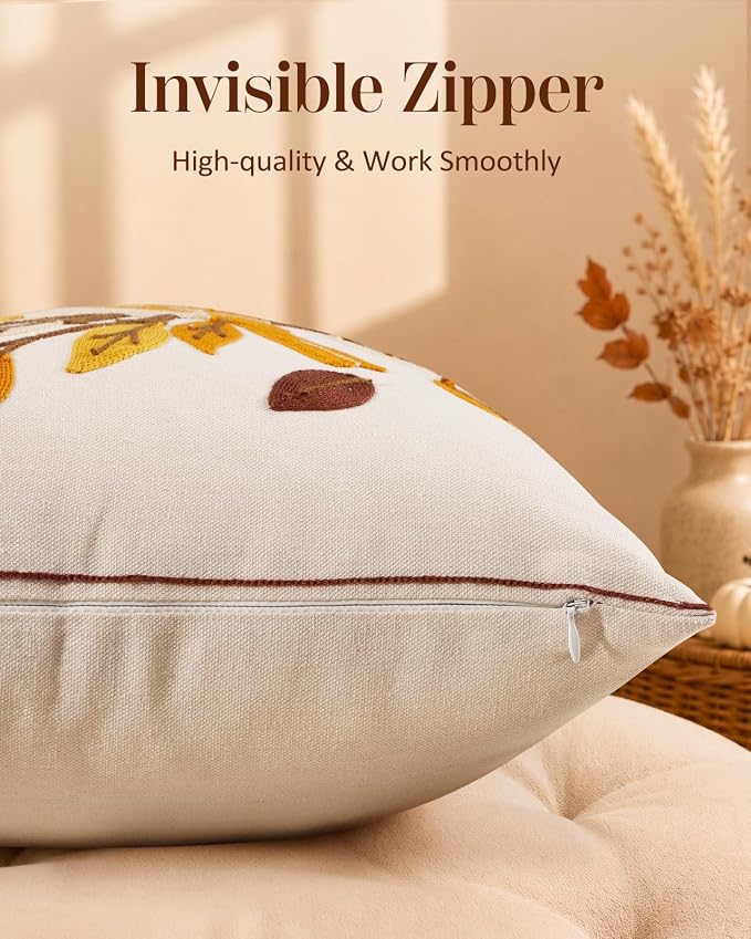 Bird Leaves Embroidered Throw Pillow Cover 18x18 Inch Fall Farmhouse