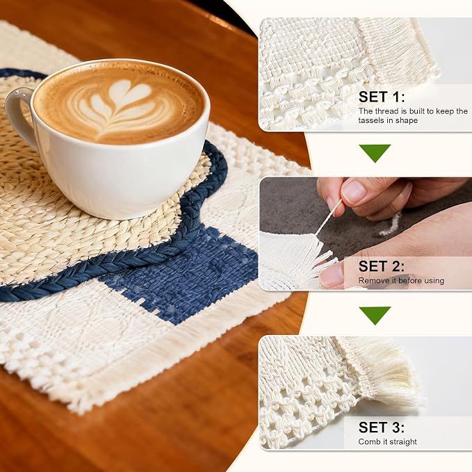 4pc Sunflower Rattan Placemat Set, Woven Boho Table Mats, Blue | 4 cotton runners (24x11") & 4 woven mats. Heat-resistant & eco-friendly. Perfect for boho, farmhouse decor & parties.