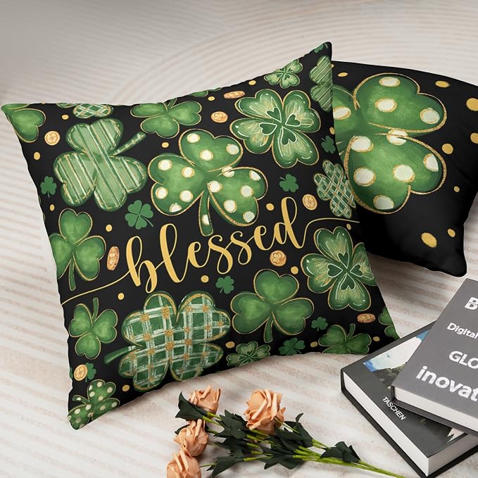 2 Pack St Patricks Day Pillow Covers Lucky Blessed Decorative Pillow Cases 22x22 Gold Coin Shamrock Clover Cushion Cases Saint Patricks Day Decorations for Home Sofa Couch