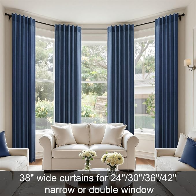 Navy Curtains 38 Inch Wide for Living Room 2 Panels Set Back Tab Rod Pocket Light Filtering Semi Sheer Linen Skinny Small Dark Blue Curtain for Windows Bedroom Closet Doors Nautical Width 38 x 96 Long