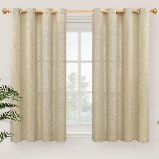 YoungsTex Burlap Linen Curtains 45 Inch Length for Short Window, Light Filtering Drapes with Grommet Privacy for Bedroom Living Room Window, 2 Panels, 52 X 45 Inch