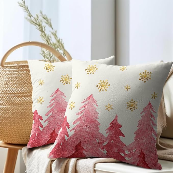 Christmas Tree Throw Pillow 22x22 Inch Set of 2 Cover Winter Christmas Pillowcase Pink Trees Golden Snowflake Decorative Cushion Cover Holiday Rustic Tree Pillow Protector for Home Sofa