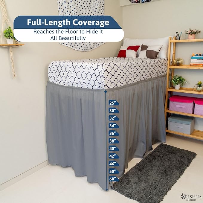 Krishna College Dorm Room Ruffle Bed Skirt with Split Corners, 100% Brushed Microfiber Ultrasoft, Breathable, Twin XL Bedding Extended 42 Inch Drop, Light Grey