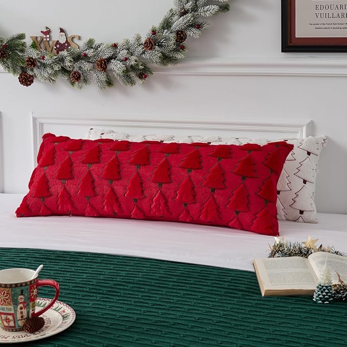 UGASA Christmas Tree 14x36 Inch Long Lumbar 1 Pack Soft Plush Faux Fur Luxury Embroidery Rectangle Cushion Case for Couch Sofa Holiday Festivals Winter Xmas Gift, Red & Green