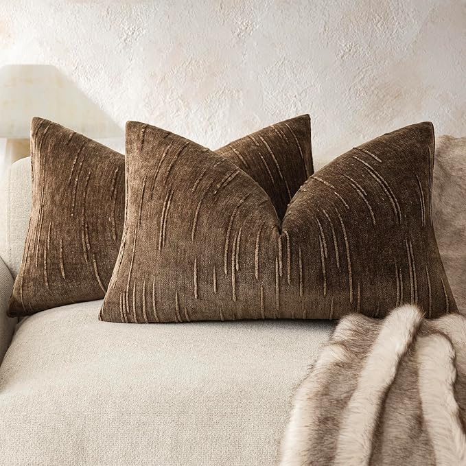 Foindtower Pack of 2 Slubby Textured Chenille Throw Decorative Pillow Covers Lumbar Accent Solid Cushion Cover Neutral Farmhouse Pillow Case for Couch Sofa Bedroom Living Room 12x20 Inch,Dark Brown