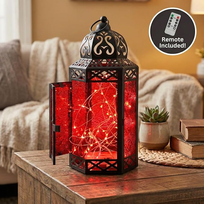 Vela Lanterns Decorative Indoor Red Gothic Fairy Light Candle Holder, L | Witchy Whimsigoth Fantasy Home Decor, Halloween Vampire Spooky, Moroccan Metal Hanging Flameless LED Lamp, 12" Tall