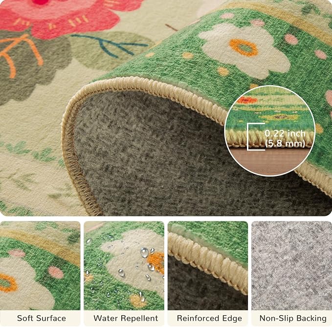 Washable Floral Area Rug for Living Room 5x7 Light Green | Non-Slip，Vacuum-Friendly, Low Pile, Flower Carpet for Bedroom Kitchen Entryway Dining Room Office Nursery