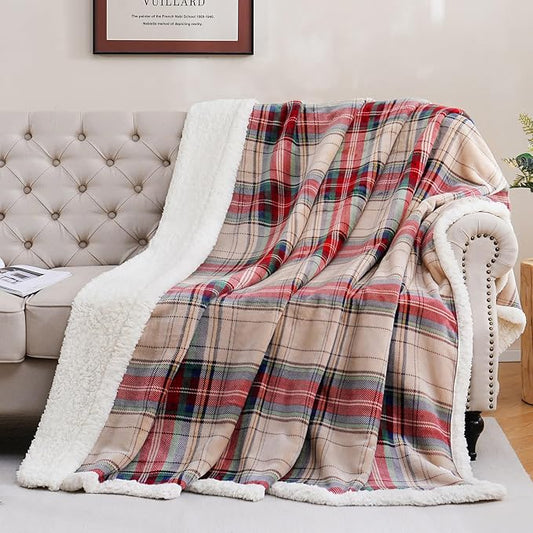 PU MEI Sherpa Fleece Throw Blanket 60" x 80" Reversible Plush Fluffy Large Big Blanket Lattice Flannel Blankets for All Season Use, Chrismas Red