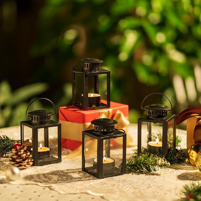 Small Black Lantern Decorative Outdoor, Set of 4 Candle Holder | Mini Hanging Lantern with Tealights & Glass, Farmhouse Indoor Decor, for Table Centerpiece, Fireplace, Wedding, Christmas