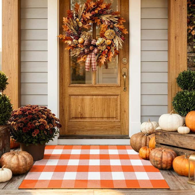 LEEVAN Halloween Door Mat, Orange Buffalo Plaid Fall Front Porch Decor Rug | 2'4" x 3'7" Layered Doormat, Washable Thanksgiving Checkered Welcome Door Mat for Entryway Kitchen Bathroom