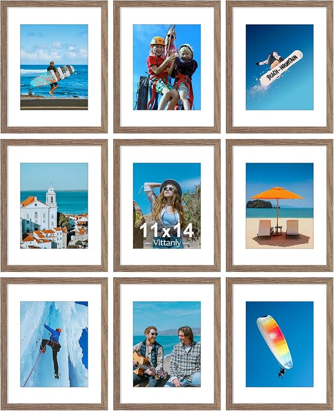 Vittanly 11x14 Picture Frames Set of 9 for Wall Mounting, Dark Oak | Display Pictures 8x10 with Mat or 11x14 without Mat, Engineered Wood with Shatter Resistant Plexiglass, Gallery Photo Frames
