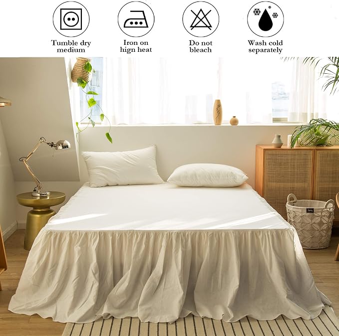 BISELINA French Linen Bed Skirt with Pleated Frills 22-Inch Tailored Drop Natural Flax Cotton Blend Dust Ruffle Soft Cozy Farmhouse Bedding (22" Full, White)