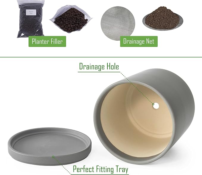 D'vine Dev 10 Inch Ceramic Planter Pot, Grey, 94-O-E-3 | Modern Cylinder Design, Drainage Hole & Saucer Included, Stable Structure, Elegant Home Accent