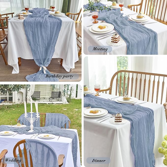 IVAPUPU Dusty Blue Table Runner 120 Inches for Birthday Party Home Decor | 6 Pcs Boho Gauze 10FT Cheesecloth Table Runners for Wedding Baby Shower Decorations Summer Garden Farmhouse