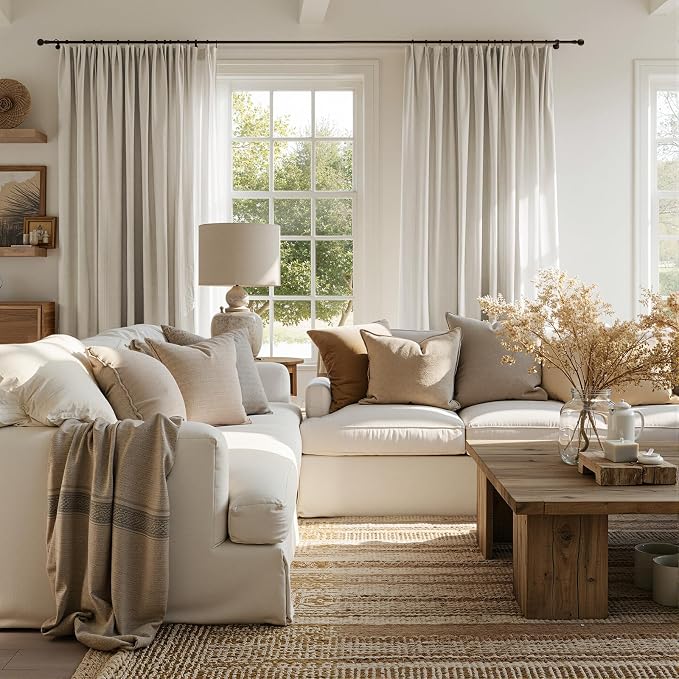 jinchan Linen Curtains Light Filtering Back Tab 50x84 Inch 2 Panels | Semi Sheer Curtains 84 inch length for Bedroom Living Room, Modern Farmhouse Drapes with Rod Pocket, Natural Boho Curtains