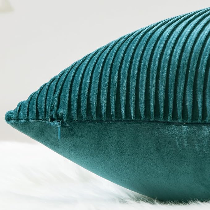 YCOLL Teal Pillow Covers 20x20 Set of 2 Velvet Striped Pattern - Soft Throw Pillows for Home Decor, Luxury Decorative Pillow Covers for Couch, Bed,Living Room