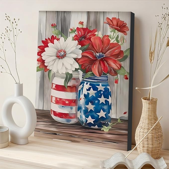 Framed American Flag Mason Jar Flower Wall Art, Patriotic Farmhouse Canvas Art Pictures, USA Flag Wall Decor, Made in USA Ready to Hang for Kitchen Living Room