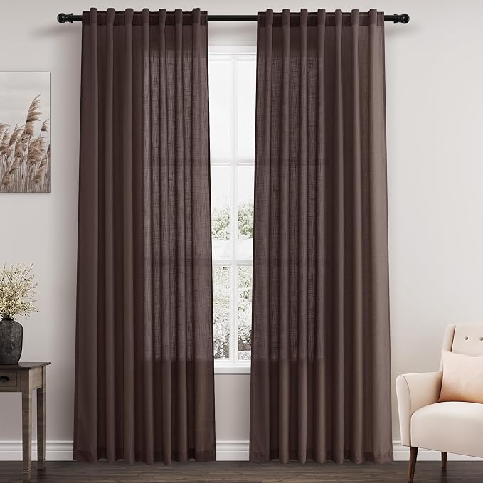 Coffee Linen Blend Drapes 84 Inch Length 2 Panels Set Back Tab Rod Pocket Light Filtering Privacy Semi Sheer Textured Curtains Neutral Farmhouse Decor Curtains for Living Room Bedroom 52x84