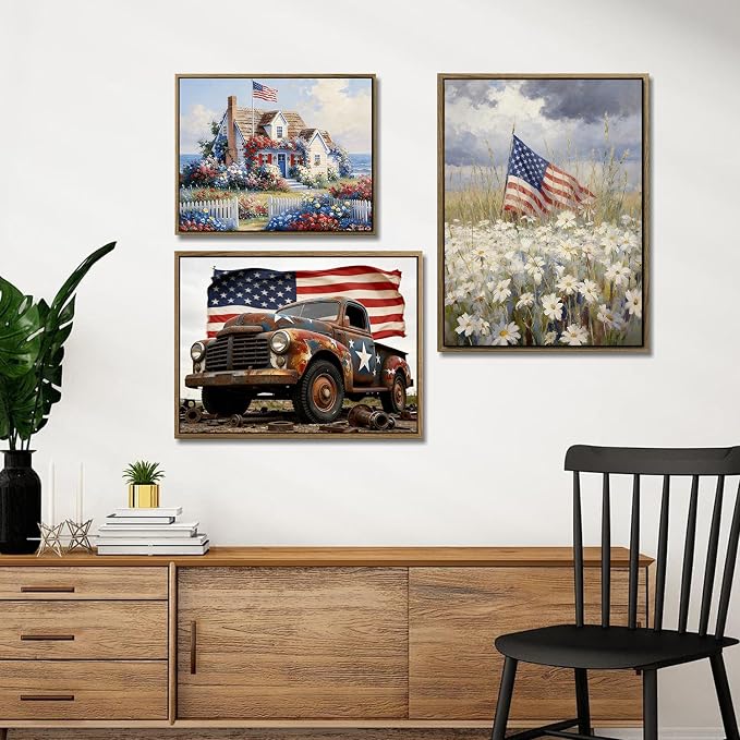 American Flag Framed Canvas Wall Art, 4th of July Patriotic Canvas Prints | USA Flag with Truck Poster Print, Vintage Independence Day Wall Decor for Bedroom Living Room Dining Room Office 8×10in