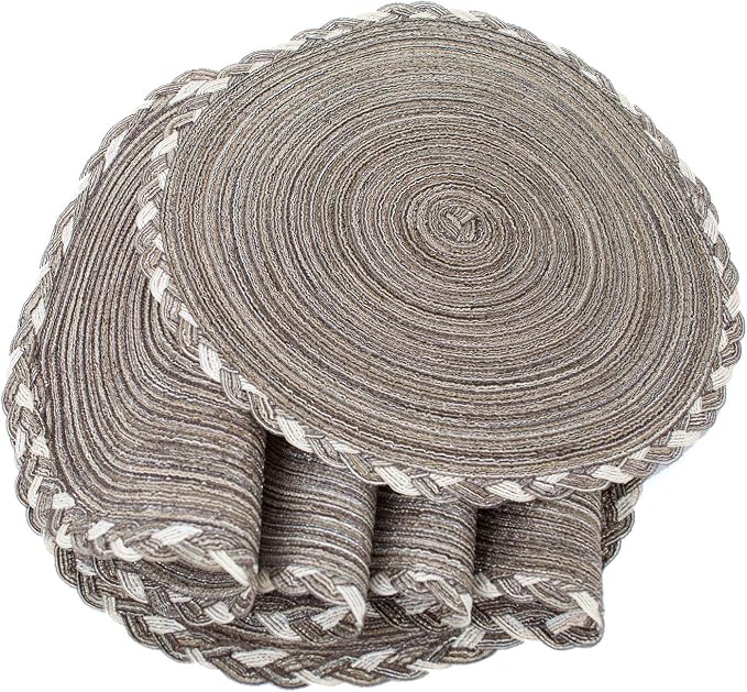 SHACOS Round Placemats Set of 6 Braided Glitter Round Table Placemats 15 inch for Wedding Holiday Party (Multicolor - Light Coffee, 6)