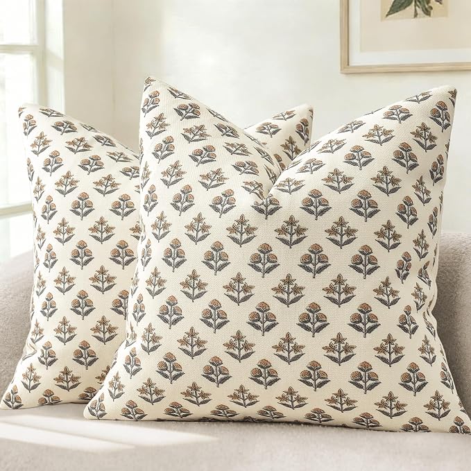 YCOLL Farmhouse Floral Pillow Covers 20x20 Set of 2, Rustic Country Decorative Cushion Covers Vintage Throw Pillow Covers for Sofa Couch Bed Living Room Home Decor, Rust Copper