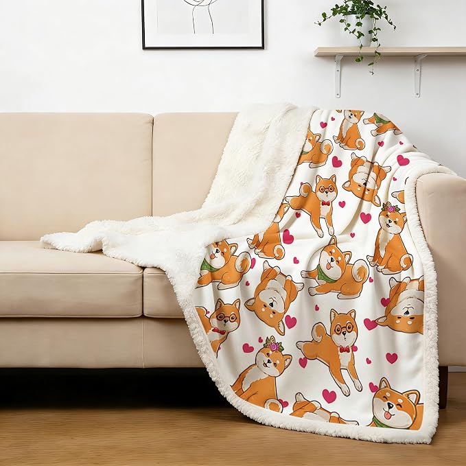 BlessLiving Cute Watercolor Dogs Pattern Fleece Blanket Shiba Inu Puppy Sherpa Reversible Throw Animal Print Plush Blanket (Queen, 90 x 90 Inches)