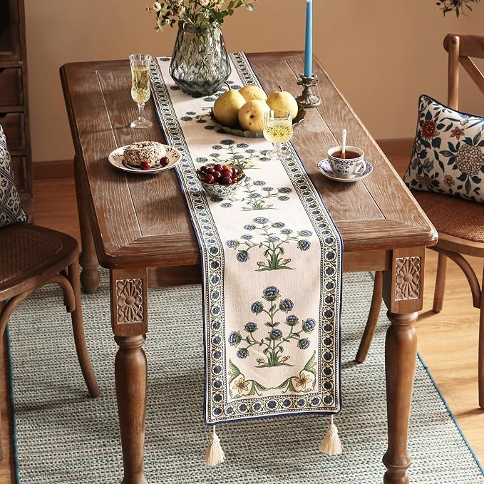 Patdrea Designer Elegant French Linen Table Runner,12"X87"-Ivar B | Vintage Tablerunner 87 Inches Long,Floral Pattern with Tassel Edge,Decorative Runner for Dining Room Living Room