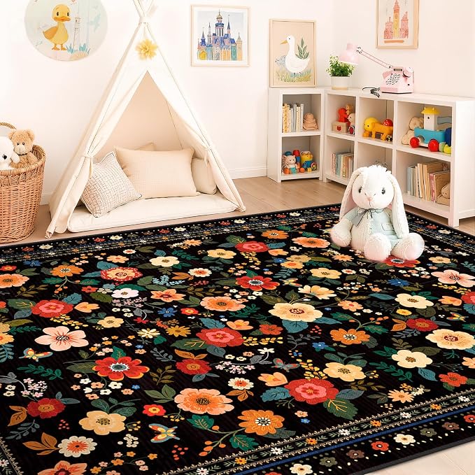 Washable Floral Area Rug for Living Room 5x7 Black | Non-Slip，Vacuum-Friendly, Low Pile, Flower Carpet for Bedroom Kitchen Entryway Dining Room Office Nursery