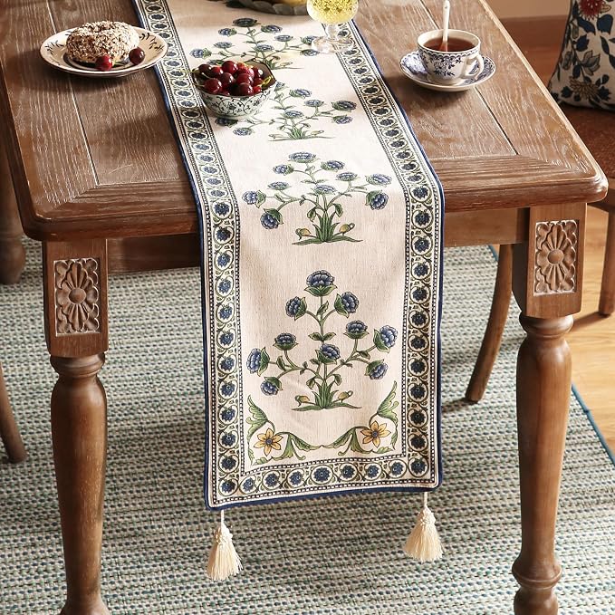 Patdrea Designer Elegant French Linen Table Runner,12"X102"-Ivar B | Vintage Tablerunner 102 Inches Long,Floral Pattern with Tassel Edge,Decorative Runner for Dining Room Living Room