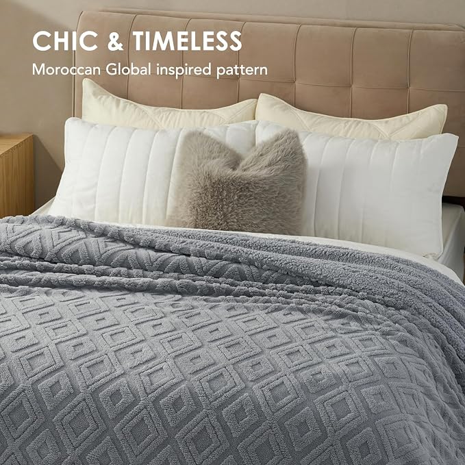 EverGrace Jacquard Reversible Sherpa Throw Blanket, 90" x 90", Grey | Jacquard Sherpa Throw Blanket, Super Soft, Cozy Plush Blanket, Reversible Thick Warm Throw for Bed, Sofa, Living Room