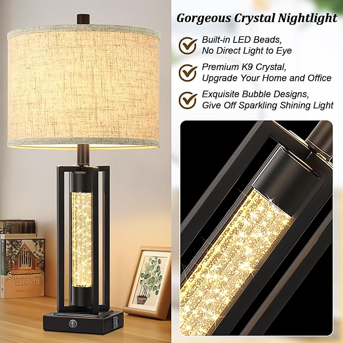 TOBUSA 26" Black Farmhouse Table Lamps Set of 2 with Crystal Night Light