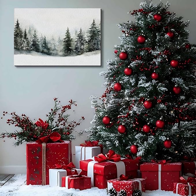 Framed Christmas Wall Art 8x12 inch, Pine Tree Artwork Christmas Decoration Indoor, Rustic Landscape Snow Winter Forest Painting Canvas Print Wall Picture for Living Room Decor