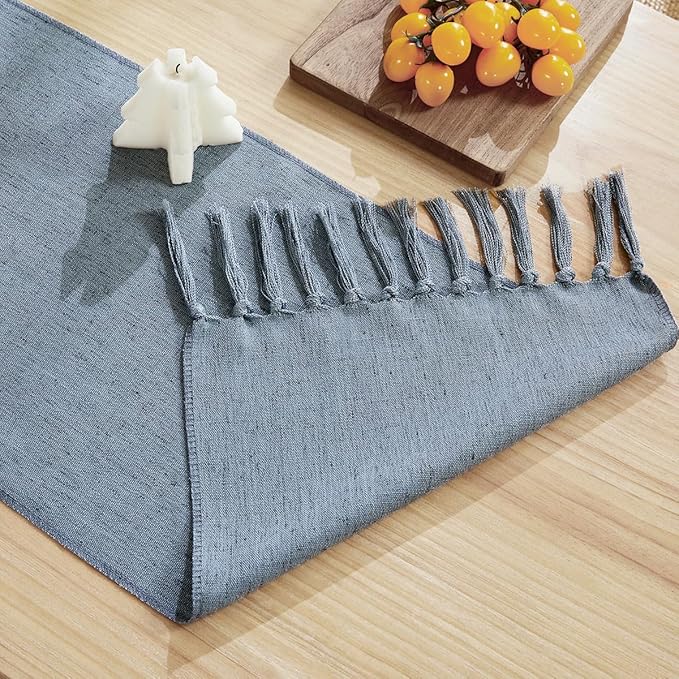 Cotton Linen Table Runner, 13x60 Inch, Dusty Blue with Hand Tassels | Linen Style Rustic Farmhouse Table Runners 60 Inches Long for Home Dresser Kitchen Dining Table Decor, Machine Wash