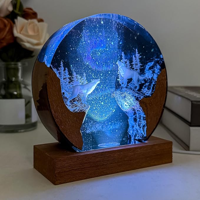 Handmade Resin 3D Wolf Resin Lamp with Wooden Base