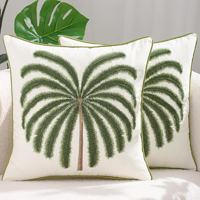 LUOYEHK Summer Embroidered Throw Pillow Covers 18x18 Inch Set of 2 Green Tropical Palm Tree Pillow Cover Spring Farmhouse Decorative Pillowcase Square Cushion Covers for Couch Sofa Bed Home Decor