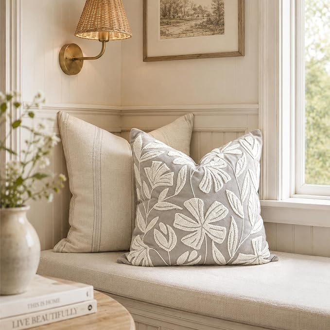 BlissBlush Throw Pillow Cover 20x20 Inch, Light Gray Floral Tufted Velvet Decorative Accent Pillow Case for Sofa Bed Living Room, Cover Only