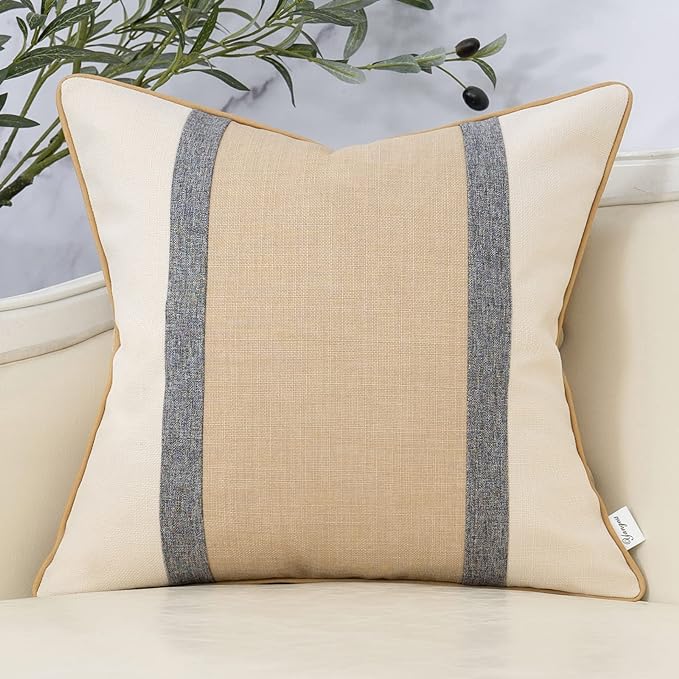 Yangest Patchwork Pillow Cover 18x18 Inch Luxury Cotton and Linen Cushion Cover Square Pillowcover for Couch Bedroom Living Room, Khaki