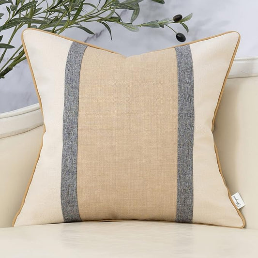 Yangest Patchwork Pillow Cover 18x18 Inch Luxury Cotton and Linen Cushion Cover Square Pillowcover for Couch Bedroom Living Room, Khaki