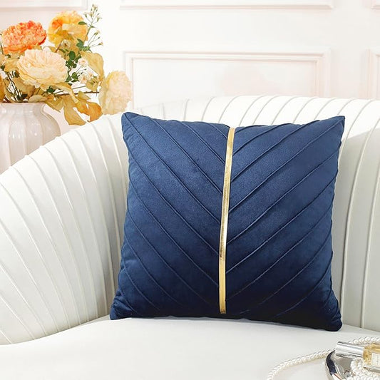 TAOSON Navy Blue Gold Leather Velvet Throw Pillow Covers, 18x18, Pack of 2 | Gold Leather Decorative, Cushion Cases, Spring Summer, Sofa Couch Living Room Décor
