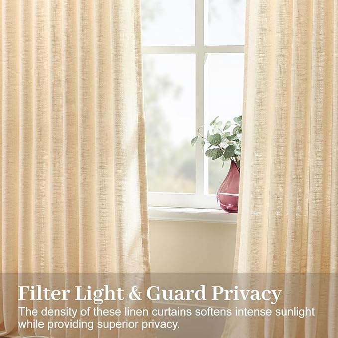 Pinch Pleated Linen Blend Light Filtering Sheer Curtains for Living Room | Sliding Door, Semi Sheer, Pinch Pleat, Hook Rings, Non See Through, Extra Wide, Large Window, 60Wx102L, Sand Beige, 1 Panel