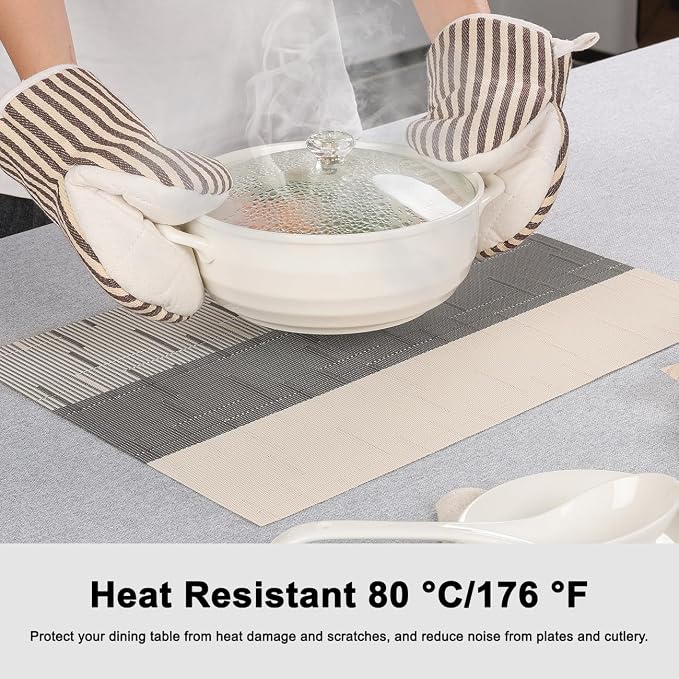 Placemats Set of 8, Vinyl Woven Heat-Resistant Place Mats | Washable Wipeable PVC Table Mats, Non Slip Placemat for Kitchen Dining Indoor Outdoor Table (Beige Dark Gray, Set of 8)