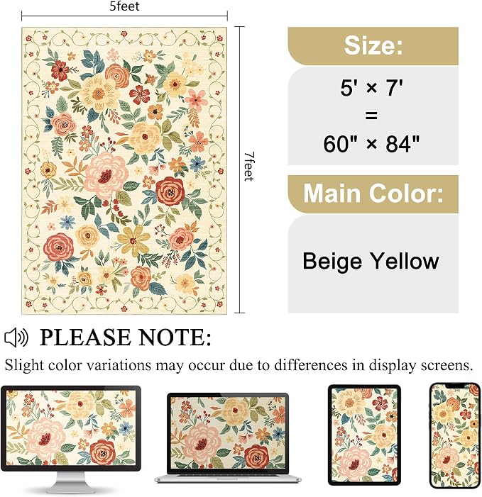 DUKINO 5x7 Area Rug Floral Washable Living Room Rug Non Slip Beige Yellow | Soft, Low Pile, Stain Resistant Indoor Rug for Bedroom, Dining Room, Office, Pet Friendly, Lightweight, Modern Home Decor