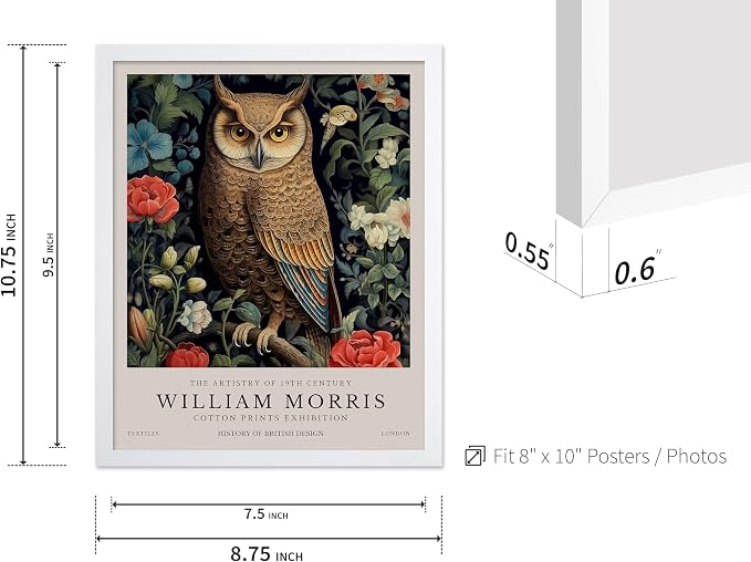 Monem Art William Morris Poster - Owl and Flowers Print - Bird Art - Botanical Artwork - Animal Exhibition Illustration - Floral Design - Aesthetic Creation - Bedroom or Office Decor - 8x10 White Framed