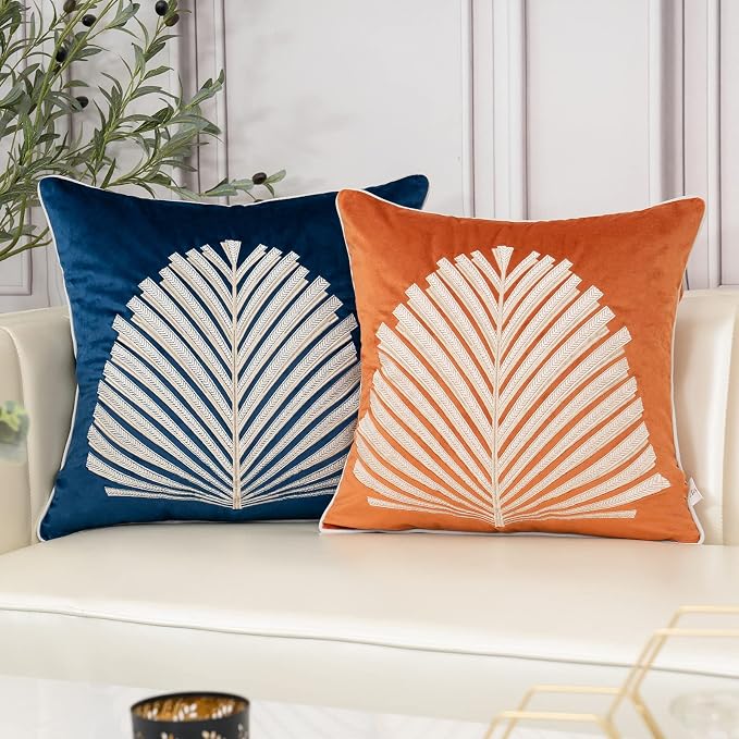 Aeckself 20 x 20 Inch Navy Blue Square Throw Pillow Cover Tree Leaves Embroidery Velvet Cushion Case Luxury Modern Pillowcase for Couch Living Room Bedroom Car 50 x 50cm
