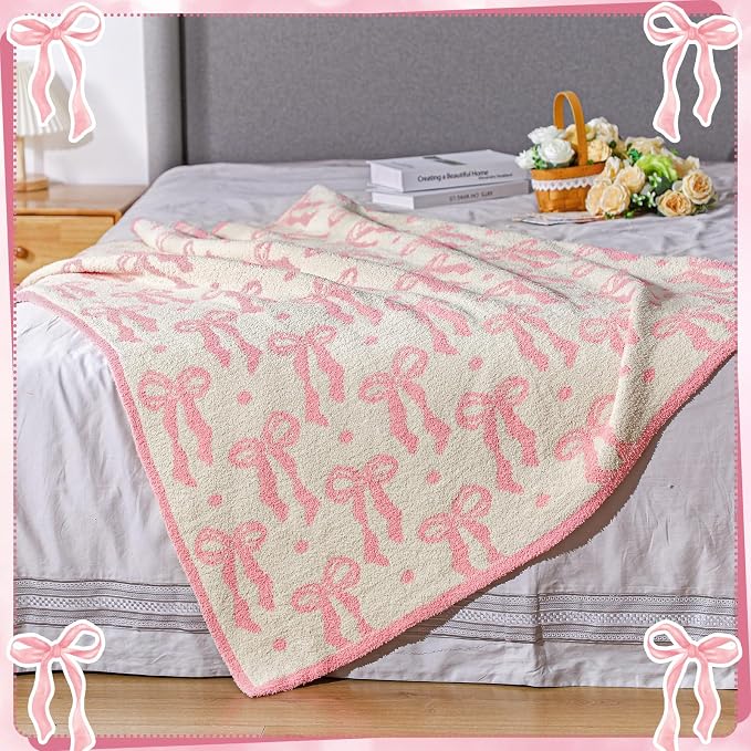 Buryeah Pink Bow Blanket Soft Microfiber Double Sided Bow Throw Blanket 50"x 60" Coquette Aesthetic Dormitory Room Decor Plush Sofa Chair Bedding Stuff for Women, Christmas Fall Thanksgiving Gifts