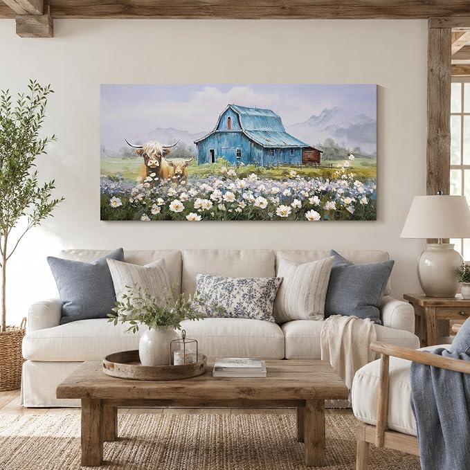 Anolyfi Farmhouse Highland Cow Canvas Wall Art for Living Room 40"x20" | HD Print, Waterproof Canvas, Easy to Hang, Durable and Colorfast, Country Barn Wall Decor for Bedroom Office Hallway Home