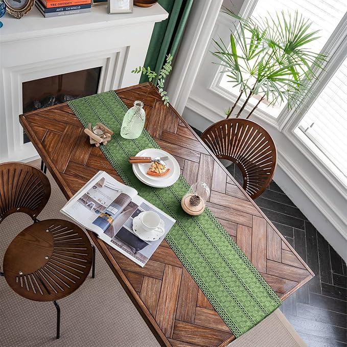 Macrame Table Runner Green Boho Table Runners with Tassels 12x71in | Alynsehom Hand Woven Cotton Table Runner Rustic Farmhouse Table Runners for Bohemian Kitchen Dining Table