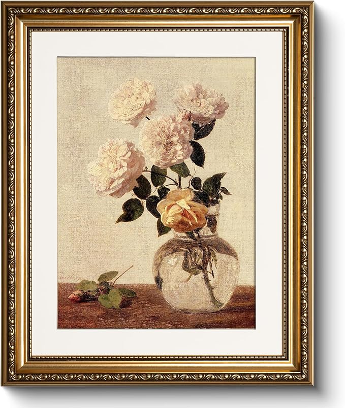 WHASAYART Vintage Gold Framed Beautiful Flowers Canvas Wall Art 13x16 Inch | Antique Still Life Rose in Vase Painting Print, Classic Botanical Wall Decor Artwork Living Room Entryway Bedroom Office