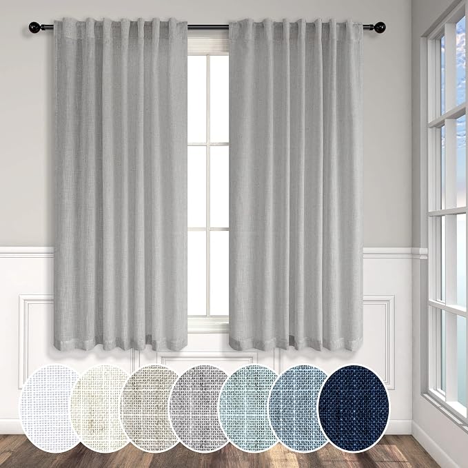 Gray Curtains 54 Inch Length for Boys Bedroom 2 Panels Pocket Back Tab Linen Sheer Subtle Woven Cotton Textured Light Reducing Grey Short Curtains for Childrens Room Playroom Bathroom 52 x 54 Long