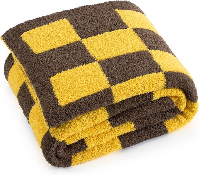 Carriediosa Checkered Throw Blanket 50x60, 400GSM Ultra Soft Microfiber | Yellow, Fuzzy Fluffy Cozy Plush Knit Knitted Plaid Checker, Lightweight Cute Preppy Fall Blankets & Throws for Couch, Bed